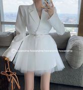 韩国东大门2020秋季气质，显瘦收腰西装拼结白色，纱裙连衣裙短裙