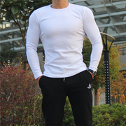 春秋男装长袖T恤健紧身衣纯棉圆领弹力打底衫显肌肉运动休闲白色