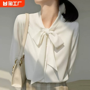 春秋季设计感小众蝴蝶结气质缎面长袖女2024不易皱短袖职业白衬衫