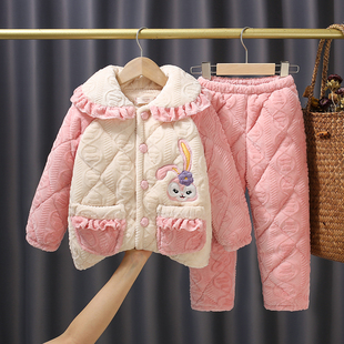冬季女童牛奶绒睡衣套装三层加厚夹棉法兰绒女孩宝保暖家居服
