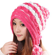 帽子女冬韩版潮毛线帽子女冬季保暖可爱玫红色冬帽护耳针织帽0340