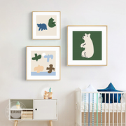 森林动物北欧男女孩儿童，房挂画兔子卧室装饰画卡通，动物绿色餐厅画