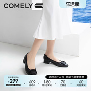康莉粗跟单鞋女2023年春季方扣真皮，低跟尖头软底舒适职业鞋