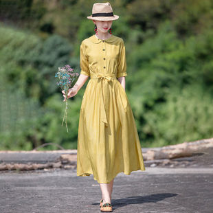 黄色民族风连衣裙，女2023夏季文艺复古气质，系带收腰娃娃领长裙