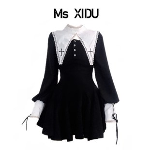 msxidu可纯可欲假两件高腰连衣裙，暗黑系哥特修女裙万圣节小黑裙