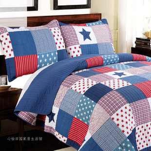 美式五角星双面全棉绗缝韩国高档床盖三件套纯棉四季通用单件床单