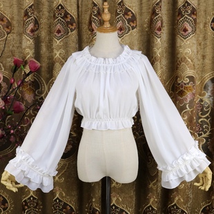 原创lolita洋装荷叶边长袖，雪纺内搭喇叭，袖宽松圆领套头打底衫