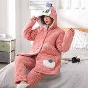 冬季孕妇睡衣粉色三层加厚夹棉珊瑚绒卡通中长款连帽加大码200斤