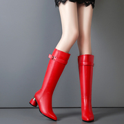 红色新娘靴高筒马靴中长靴粗跟马丁靴高跟冬季加绒时尚女靴骑士靴