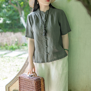 念江南新中式复古禅意单排扣苎麻，短袖衬衫女简约设计感小众上衣