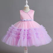 连衣裙表演节目花童晚宴，裙礼服公主，裙粉紫色女童礼服无袖网纱蓬蓬