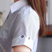 银行衬衫女短袖修身大码黑白，竖条纹职业装工装长袖衬衣工作服