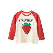 品牌儿童长袖t恤2024卡通，春秋季贴布草莓，女童圆领宝宝纯棉打底衫