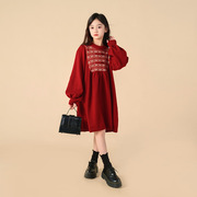 红色连衣裙女童复古风针织，新年裙秋冬洋气灯笼袖，中大童女孩毛衣裙(毛衣裙)