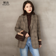 羊毛呢小西装外套，女短款2023秋冬韩版格子，宽松加棉呢子大衣厚
