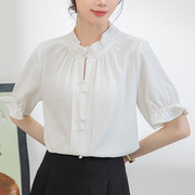 白色短袖衬衫女夏季设计感法式立领气质百搭衬衣荷叶边短上衣