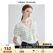 VEGA CHANG短袖针织衫女2024夏季小众设计感条纹提花镂空上衣