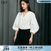 LILY2024夏女装优雅气质通勤款设计感复古灯笼袖宽松白衬衫女