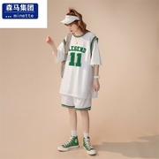 森马集团假两件休闲套装女夏学生宽松短袖，短裤韩版运动篮球两件套