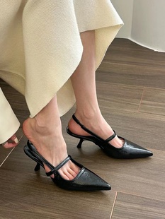 黑色高跟鞋尖头单鞋仙女鞋子，2024春夏季气质名媛法式包头凉鞋