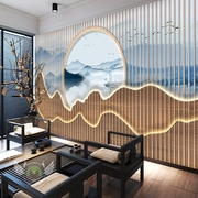 3d立体中式装修墙纸现代客厅，背景墙布花，鸟山水木格栅壁画茶室壁纸