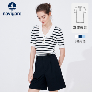Navigare意大利小帆船黑色条纹针织Polo衫女夏季休闲短袖T恤