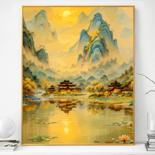 新中式水墨山水画画diy数字油画填充填色手绘手工丙烯油彩装饰画