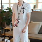 亚麻短袖t恤男棉麻刺绣，套装男大码夏季中国风复古宽松休闲两件套