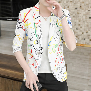西服男夏季薄款七分袖韩版修身涂鸦中袖小西装外套潮流帅气上衣服