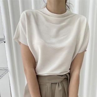韩国ins夏季法式复古时尚坑条纹理优雅减龄半高领宽松短袖T恤上衣