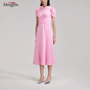 夏季女士连衣裙 高雅娃娃领修身收腰显瘦气质粉色A型挺胸短袖长裙