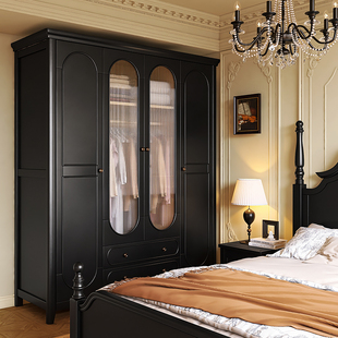 美式实木衣柜北欧大衣柜，对开门组装简约黑色复古衣橱卧室轻奢家具