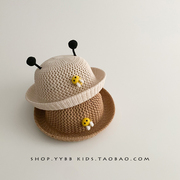 宝宝帽子夏季遮阳帽防晒男女童，编织镂空草帽，可爱超萌婴儿渔夫帽潮