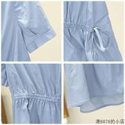 韩国蓝色衬衫女设计感2022年夏装不规则抽绳收腰气质短袖上衣