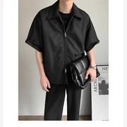 黑色短袖衬衫男垫肩oversize夏季薄款欧美高街衬衣，潮牌设计感小众