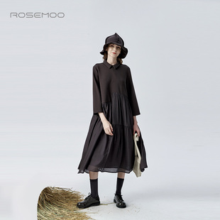 容子木rosemoo商场，同款舒适棉衬衫领丝质，拼接连衣裙ryh3lc305c