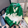 美式重磅绿色连帽衫卫衣外套女秋季设计感小众假两件拼接针织上衣