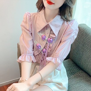 中国风夏季韩版盘扣流苏中袖七分袖衬衫女时尚气质减龄天丝上衣