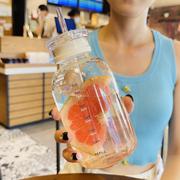 时尚女士高硼硅玻璃杯超大容量耐高温吸管水瓶时间标记设计
