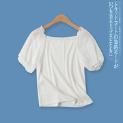 日单T恤夏季外贸女装减龄百搭方领雪纺泡泡袖显瘦螺纹衫14929