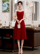 大码轻奢高端女装短袖红色连衣裙秋法式裙子气质显瘦高腰日常结婚