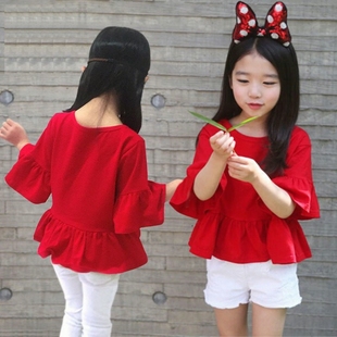 女童短袖t恤2024夏季中大童喇叭中袖娃娃衫宝宝红色韩版上衣