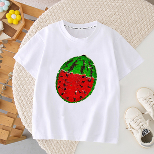 女童短袖t恤夏季纯棉儿童装亮片草莓卡通男童西瓜可变色体恤上衣