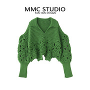 MMC 绿色上衣女镂空polo领针织衫别致甜辣很仙的外套洋气穿搭