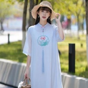 绣花立领短袖长裙套头通勤纯色夏季中国风汉服女装旗袍雪纺连衣裙