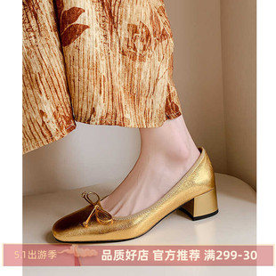 Kmeizu巨软~3cm粗跟单鞋女夏蝴蝶结瓢鞋简约金色中跟通勤芭蕾舞鞋