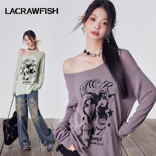 lacrawfish美式复古人物印花宽松慵懒风长袖，大领口针织衫上衣女