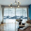 高档现代新中式装修风格窗帘客厅，水墨山水画中国风，风景窗纱布纱帘
