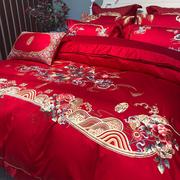 新中式婚庆100支贡缎t全棉，四件套古典鸳鸯，刺绣被套大红色床上