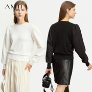 Amii设计师风减龄泡泡袖拼接长袖毛衣女圆领套头秋季2023上衣
